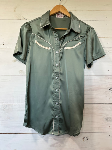 Sage Satin Short Sleeve Blouse